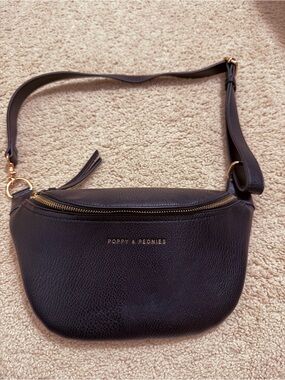 Poppy & Peonies Black Pebbled Leather Crossbody Belt Bag with Gold Hardware